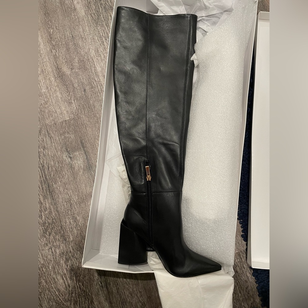 Black genuine leather over knee high boot - brand new in box